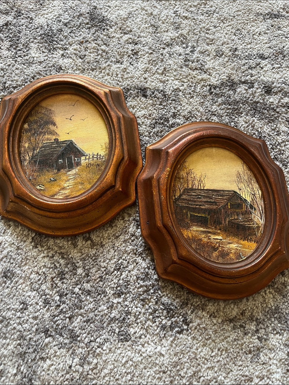 KleinVintage Rustic Barn Oil Paintings in Brown Oval Frames